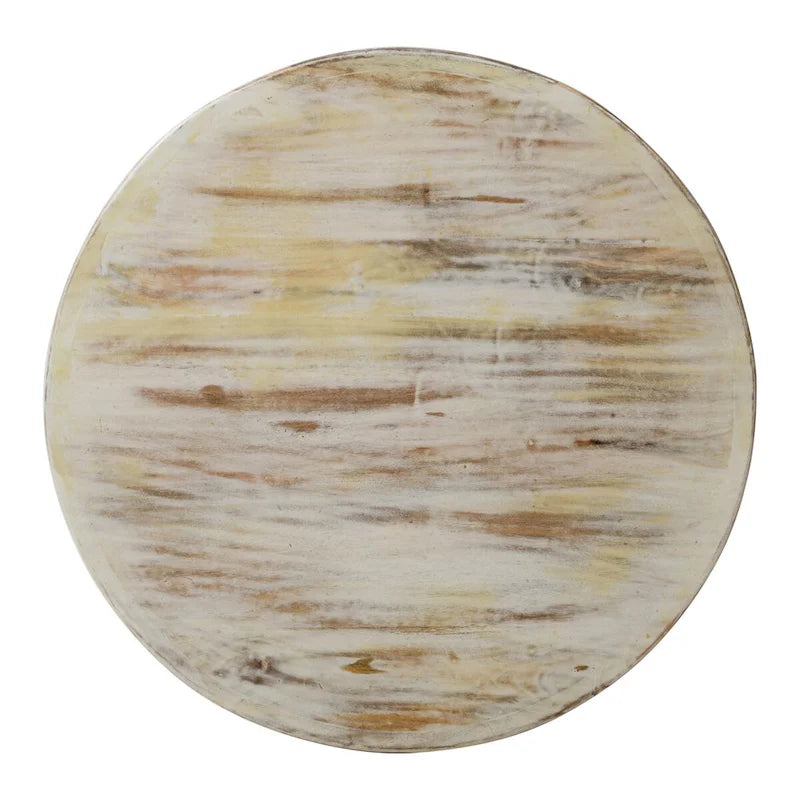 Tavolino rotondo in legno di mango intagliato a mano con finitura bianca anticata, 84 cm