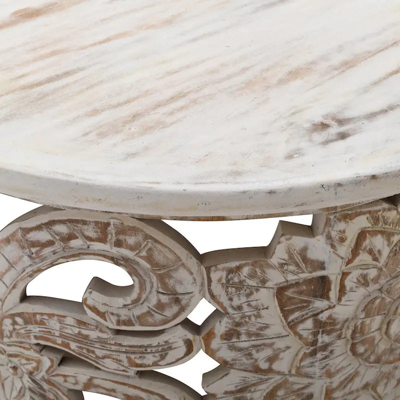 Tavolino rotondo in legno di mango intagliato a mano con finitura bianca anticata, 84 cm