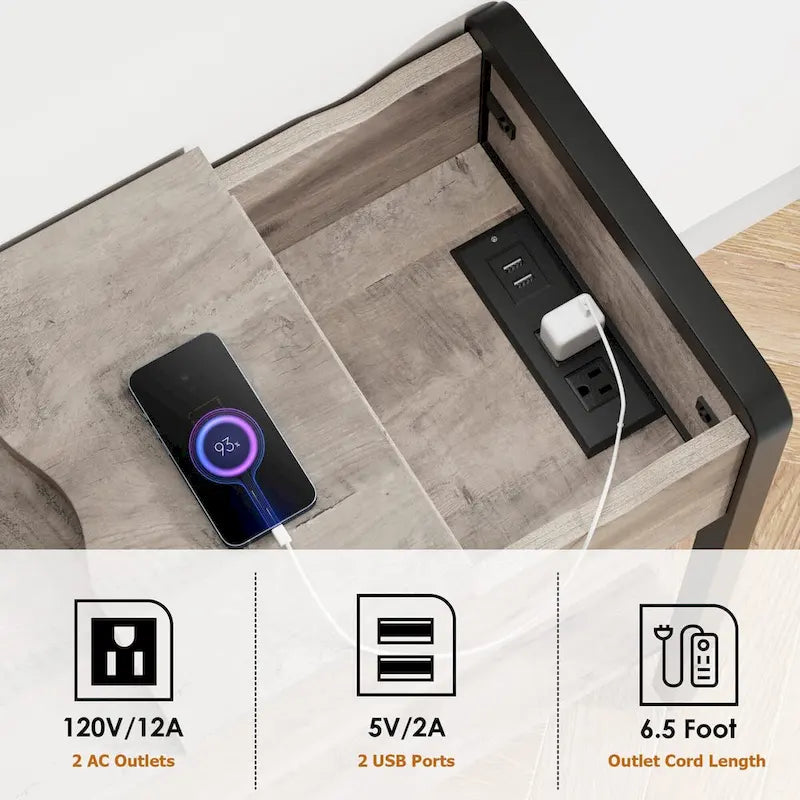 Tavolino stretto con stazione di ricarica e cassetto portaoggetti