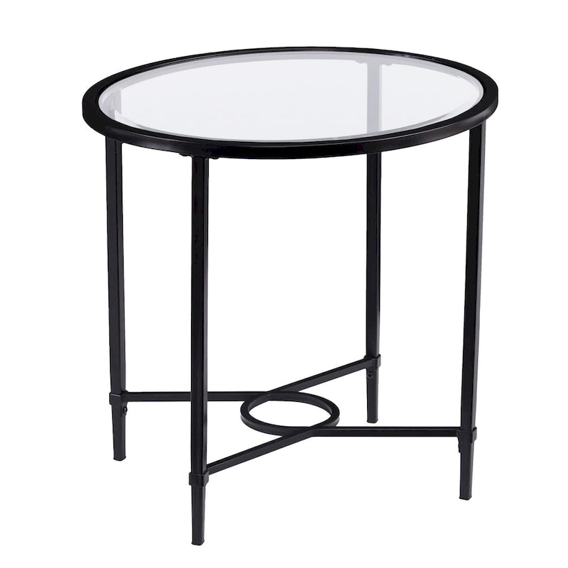 Tavolino Ovale – Base in Ferro Nero, Piano in Vetro Temperato Trasparente, 25L x 21P x 24.75A