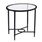 Tavolino Ovale – Base in Ferro Nero, Piano in Vetro Temperato Trasparente, 25L x 21P x 24.75A