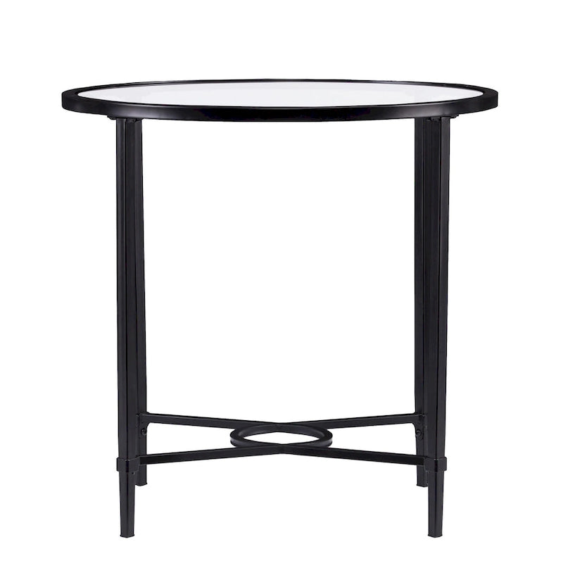 Tavolino Ovale – Base in Ferro Nero, Piano in Vetro Temperato Trasparente, 25L x 21P x 24.75A