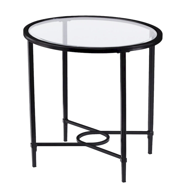 Tavolino Ovale – Base in Ferro Nero, Piano in Vetro Temperato Trasparente, 25L x 21P x 24.75A