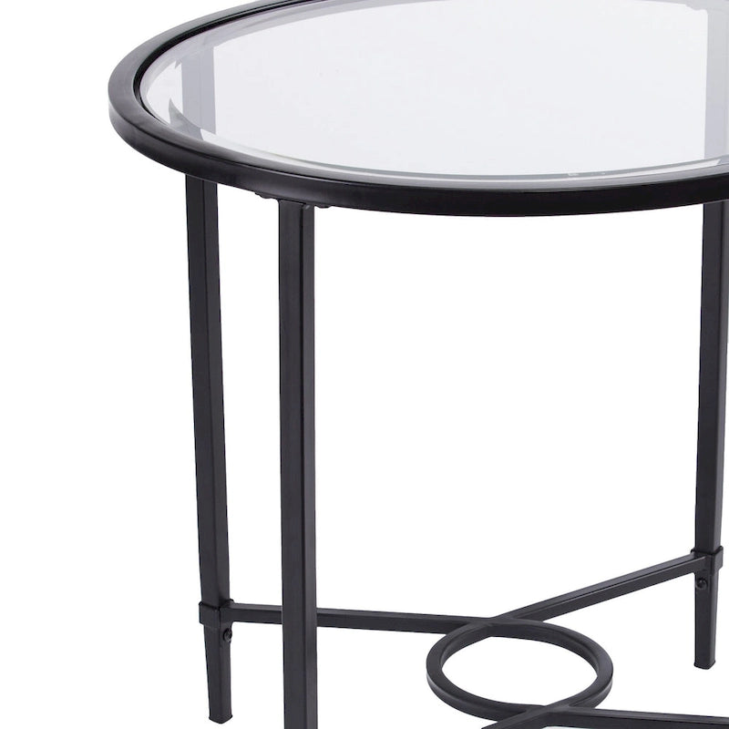 Tavolino Ovale – Base in Ferro Nero, Piano in Vetro Temperato Trasparente, 25L x 21P x 24.75A
