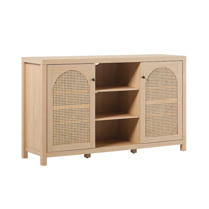 Credenza transizionale 58 a 2 ante con pannelli ad arco in rattan per soggiorno, camera da letto e ufficio