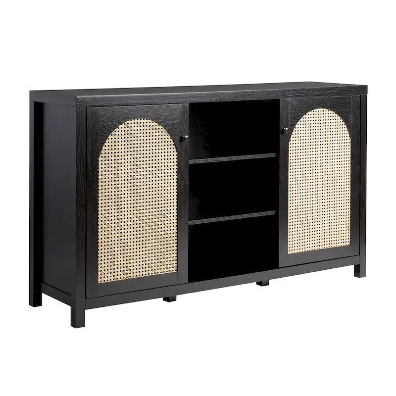 Credenza transizionale 58 a 2 ante con pannelli ad arco in rattan per soggiorno, camera da letto e ufficio