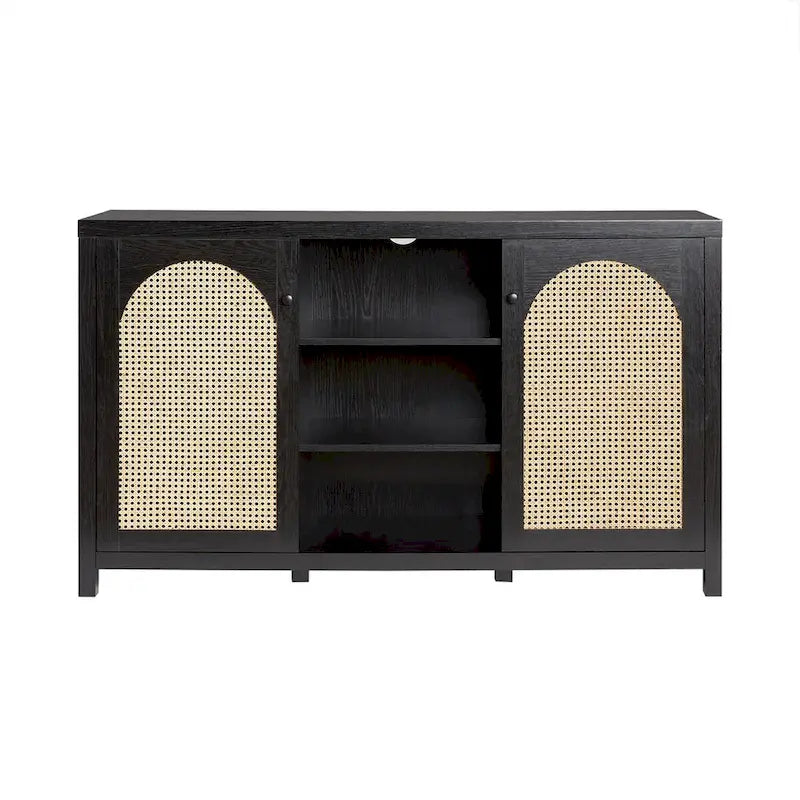 Credenza transizionale 58 a 2 ante con pannelli ad arco in rattan per soggiorno, camera da letto e ufficio