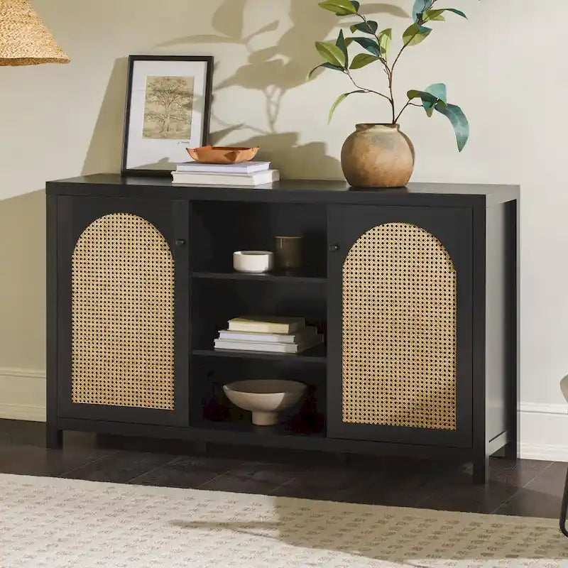 Credenza transizionale 58 a 2 ante con pannelli ad arco in rattan per soggiorno, camera da letto e ufficio