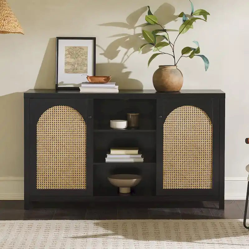 Credenza transizionale 58 a 2 ante con pannelli ad arco in rattan per soggiorno, camera da letto e ufficio