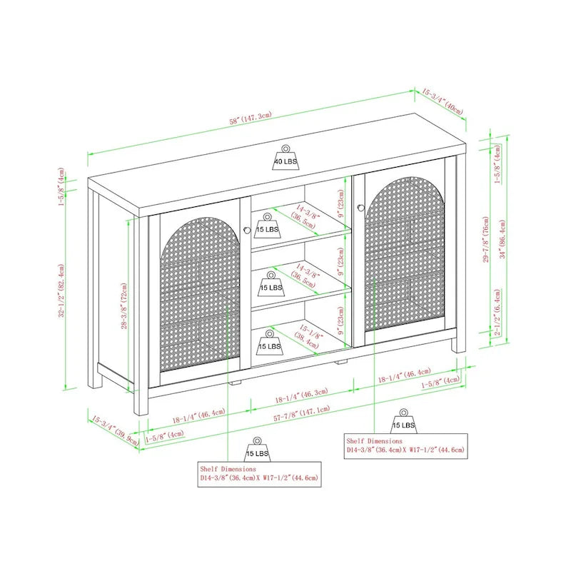 Credenza transizionale 58 a 2 ante con pannelli ad arco in rattan per soggiorno, camera da letto e ufficio