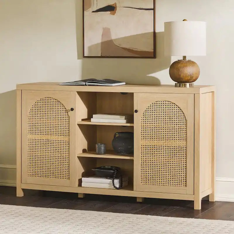 Credenza transizionale 58 a 2 ante con pannelli ad arco in rattan per soggiorno, camera da letto e ufficio