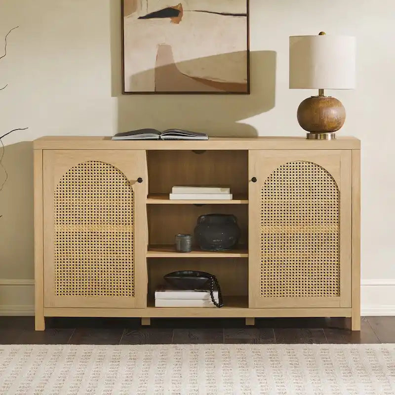 Credenza transizionale 58 a 2 ante con pannelli ad arco in rattan per soggiorno, camera da letto e ufficio