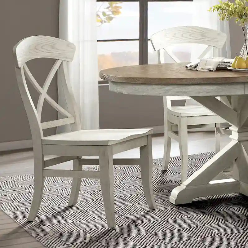 Sedia da pranzo in legno con schienale a croce, stile rustico cottage bianco fumo
