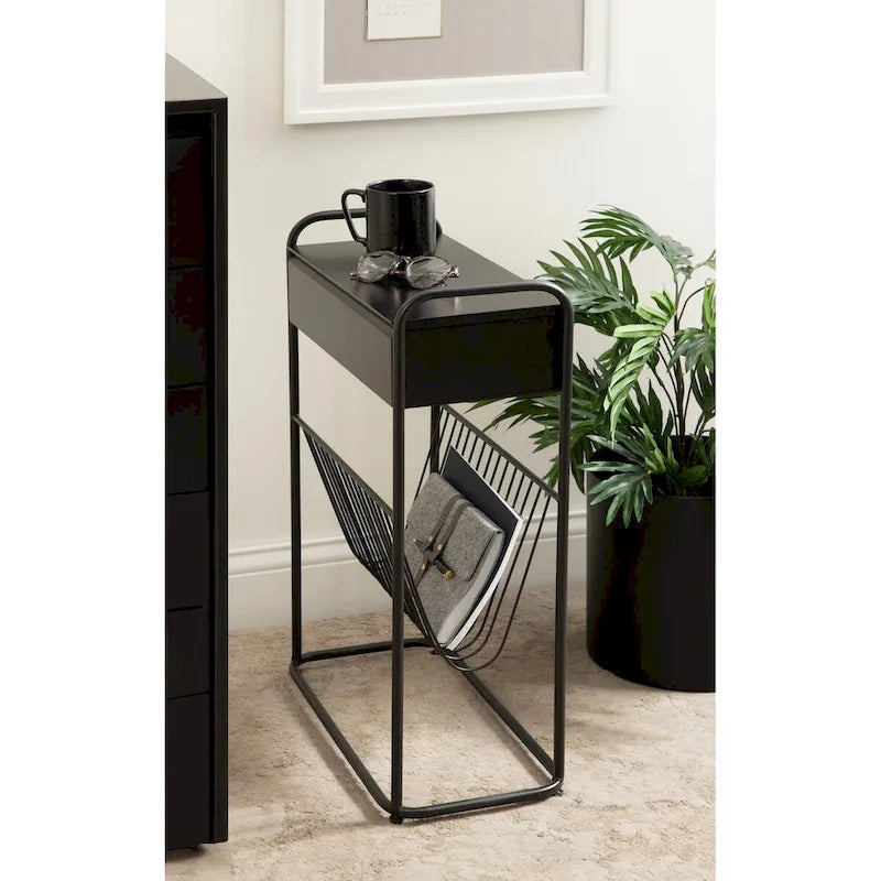 Tavolino Laterale Stretto – 48x23x66 cm, Struttura in Metallo Nero, Tavolino d'Appoggio Accent Minimalista