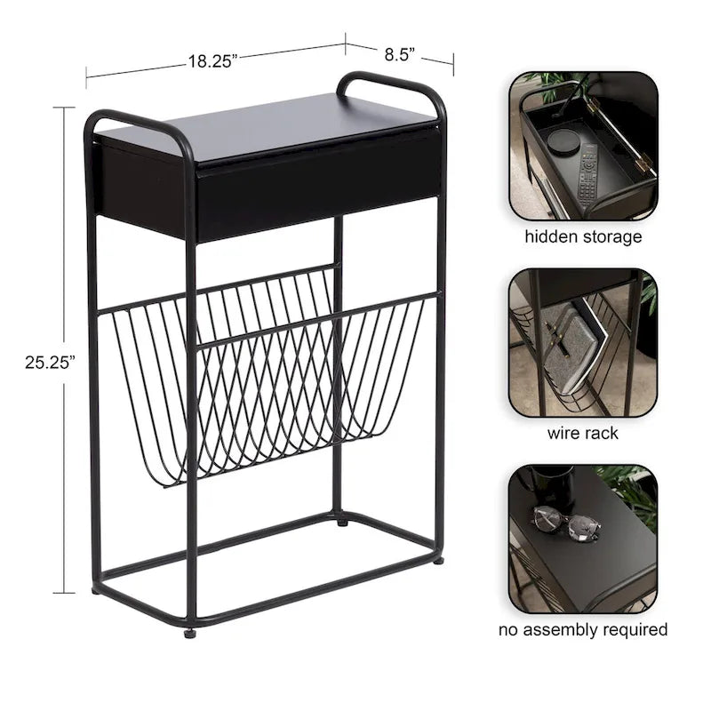 Tavolino Laterale Stretto – 48x23x66 cm, Struttura in Metallo Nero, Tavolino d'Appoggio Accent Minimalista