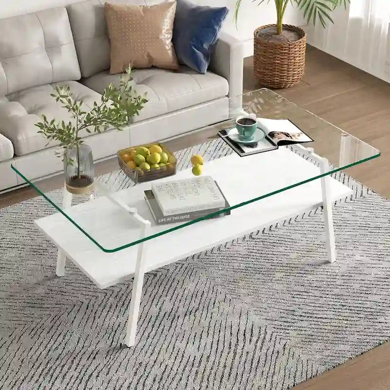 Tavolino Rettangolare,Piano in Vetro Temperato con Gambe in Metallo Bianco,Tavolino Moderno per Soggiorno,Vetro Trasparente