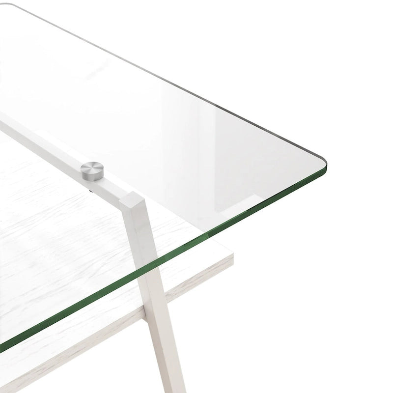 Tavolino Rettangolare,Piano in Vetro Temperato con Gambe in Metallo Bianco,Tavolino Moderno per Soggiorno,Vetro Trasparente
