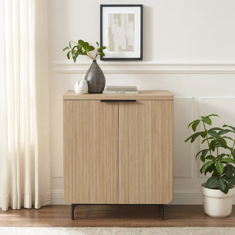 Consolle contenitore moderna in stile scandinavo con ante a lamelle per soggiorno, camera da letto e ufficio - Rovere Coastal