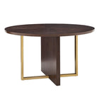 Tavolo da pranzo rotondo da 54 pollici – Hevea color espresso, design con intarsio a X, barre in metallo dorato