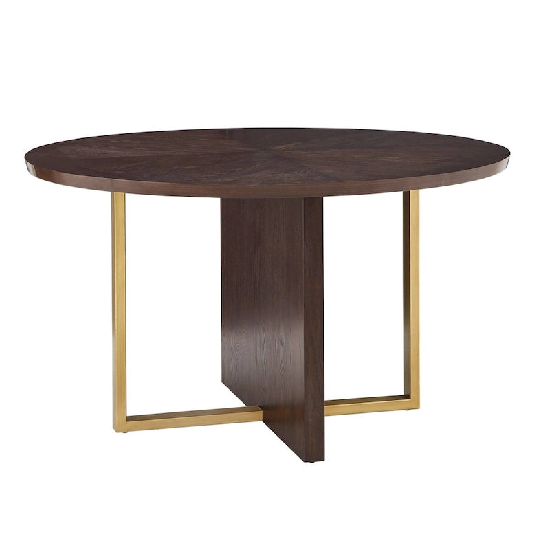 Tavolo da pranzo rotondo da 54 pollici – Hevea color espresso, design con intarsio a X, barre in metallo dorato