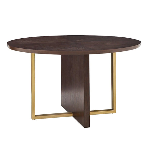 Tavolo da pranzo rotondo da 54 pollici – Hevea color espresso, design con intarsio a X, barre in metallo dorato