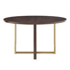 Tavolo da pranzo rotondo da 54 pollici – Hevea color espresso, design con intarsio a X, barre in metallo dorato