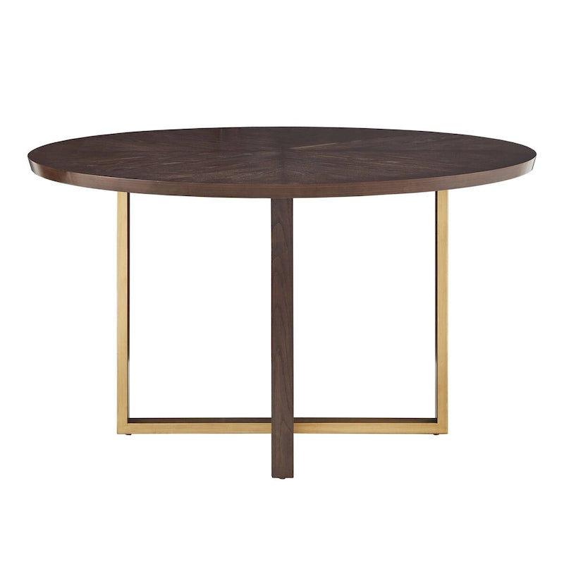 Tavolo da pranzo rotondo da 54 pollici – Hevea color espresso, design con intarsio a X, barre in metallo dorato