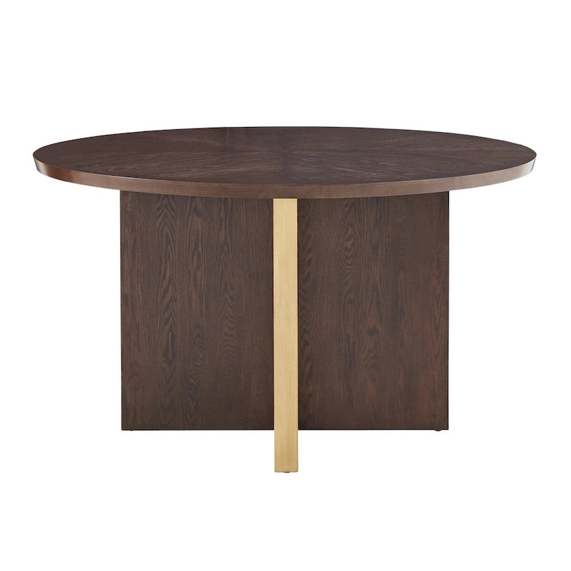 Tavolo da pranzo rotondo da 54 pollici – Hevea color espresso, design con intarsio a X, barre in metallo dorato