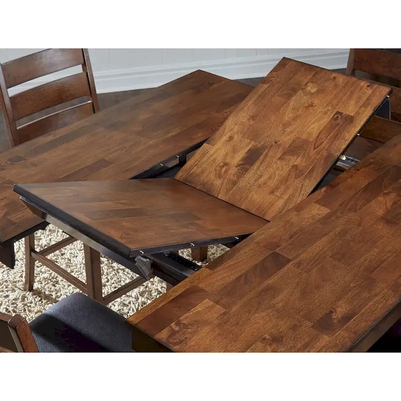 Set da pranzo in legno massello da 7 pezzi – Legno di mango, prolunga a farfalla, sedie in similpelle, 8 posti