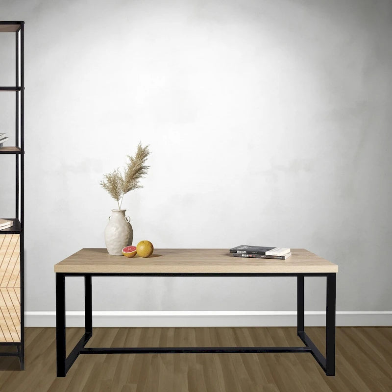 Tavolino da caffè in stile costiero moderno con piano in legno naturale, tavolo centrale per soggiorno boho