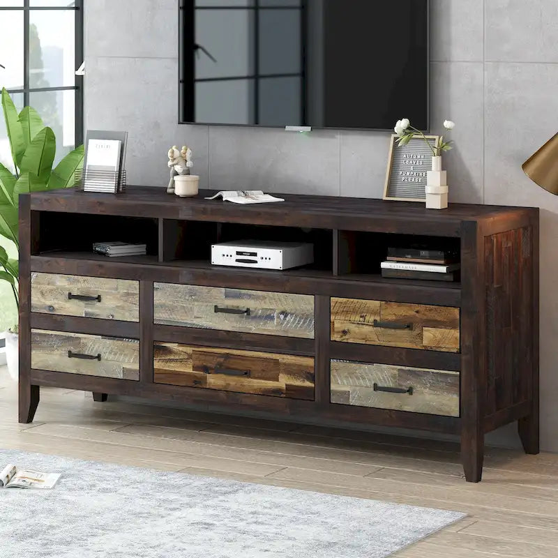 Mobile TV in legno invecchiato stile retrò per TV fino a 65 pollici, console multimediale per centro di intrattenimento con 6 cassetti e 3 ripiani