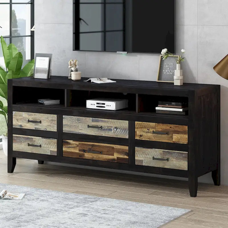Mobile TV in legno invecchiato stile retrò per TV fino a 65 pollici, console multimediale per centro di intrattenimento con 6 cassetti e 3 ripiani