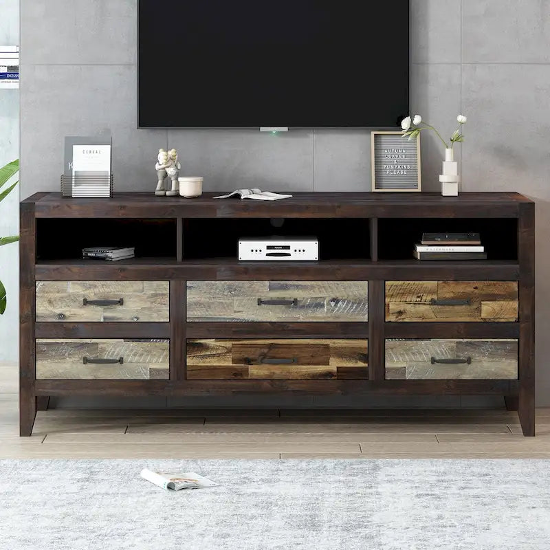 Mobile TV in legno invecchiato stile retrò per TV fino a 65 pollici, console multimediale per centro di intrattenimento con 6 cassetti e 3 ripiani
