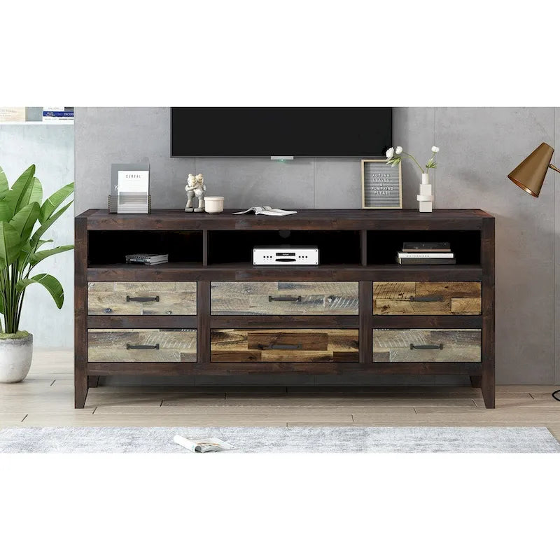Mobile TV in legno invecchiato stile retrò per TV fino a 65 pollici, console multimediale per centro di intrattenimento con 6 cassetti e 3 ripiani