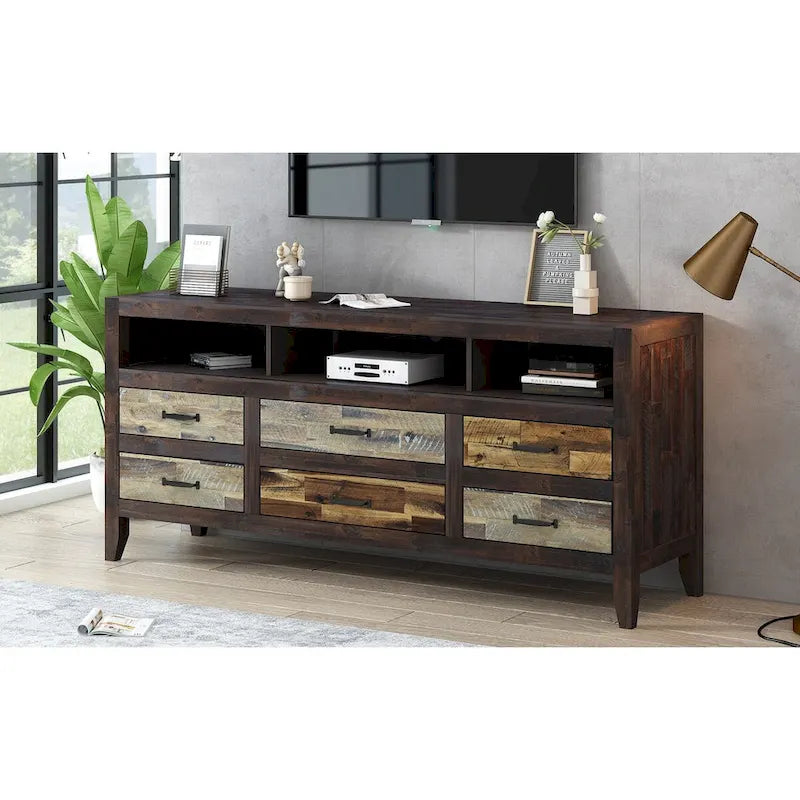 Mobile TV in legno invecchiato stile retrò per TV fino a 65 pollici, console multimediale per centro di intrattenimento con 6 cassetti e 3 ripiani
