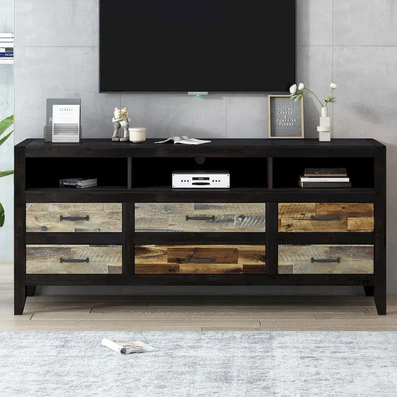 Mobile TV in legno invecchiato stile retrò per TV fino a 65 pollici, console multimediale per centro di intrattenimento con 6 cassetti e 3 ripiani