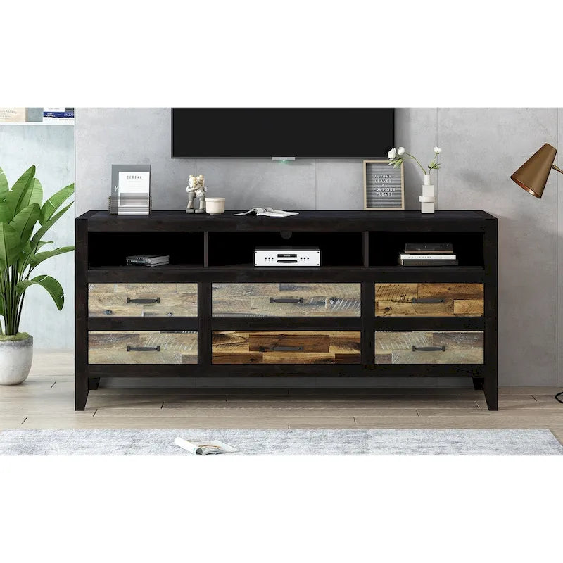 Mobile TV in legno invecchiato stile retrò per TV fino a 65 pollici, console multimediale per centro di intrattenimento con 6 cassetti e 3 ripiani