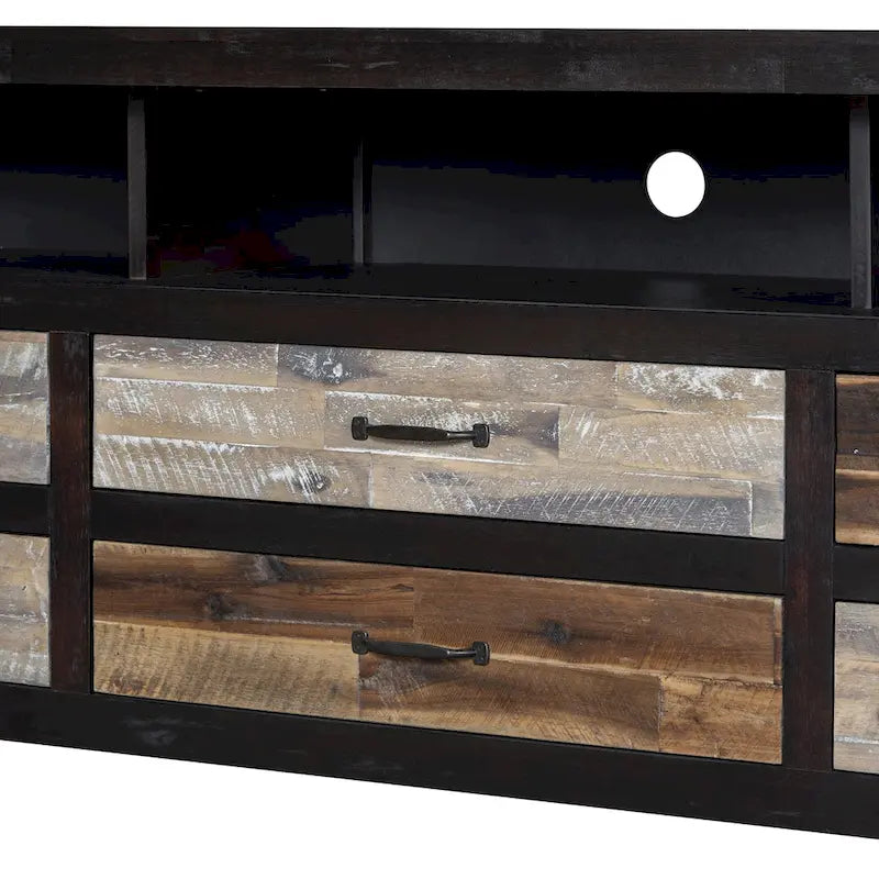 Mobile TV in legno invecchiato stile retrò per TV fino a 65 pollici, console multimediale per centro di intrattenimento con 6 cassetti e 3 ripiani