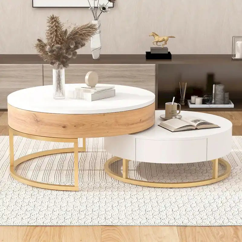Tavolino da caffè rotondo moderno con piano sollevabile e 2 cassetti, bianco e nero