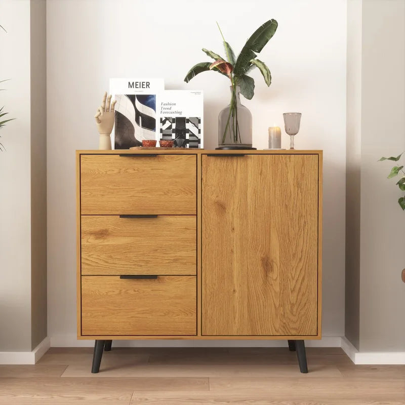 Credenza con 3 cassetti e ripiano regolabile, armadietto moderno con anta, mobile decorativo, colore legno naturale