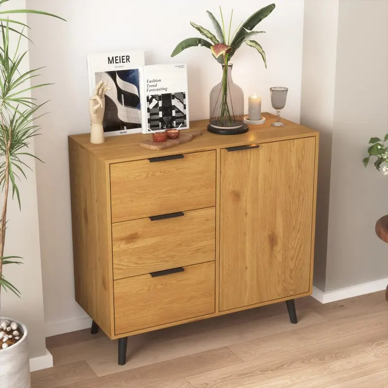Credenza con 3 cassetti e ripiano regolabile, armadietto moderno con anta, mobile decorativo, colore legno naturale
