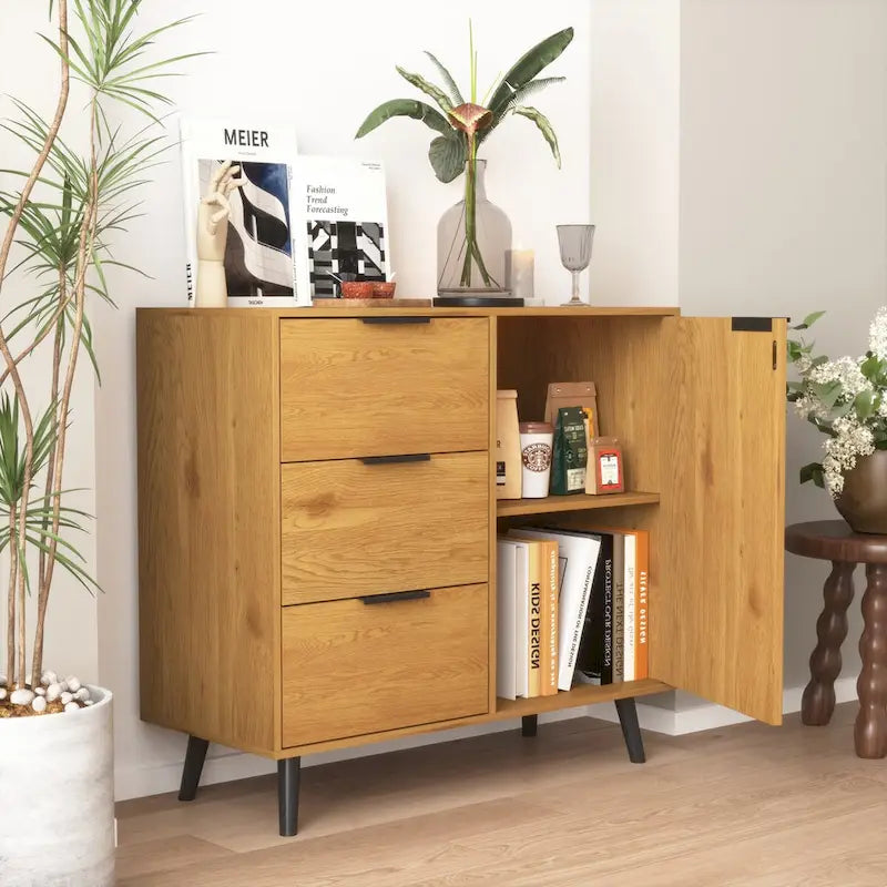 Credenza con 3 cassetti e ripiano regolabile, armadietto moderno con anta, mobile decorativo, colore legno naturale