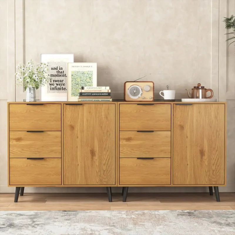 Credenza con 3 cassetti e ripiano regolabile, armadietto moderno con anta, mobile decorativo, colore legno naturale