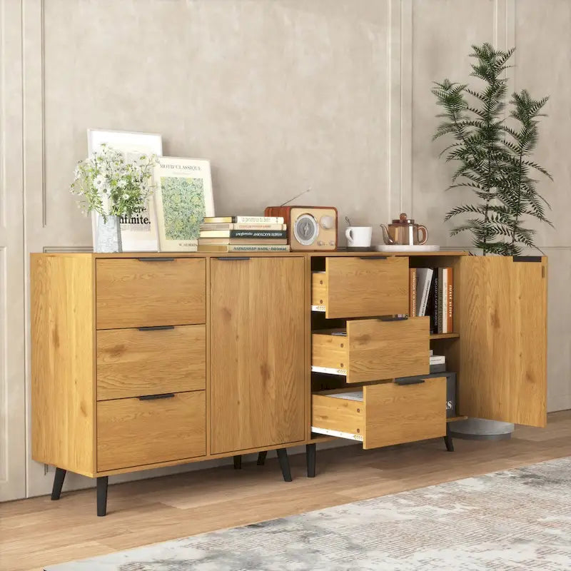 Credenza con 3 cassetti e ripiano regolabile, armadietto moderno con anta, mobile decorativo, colore legno naturale