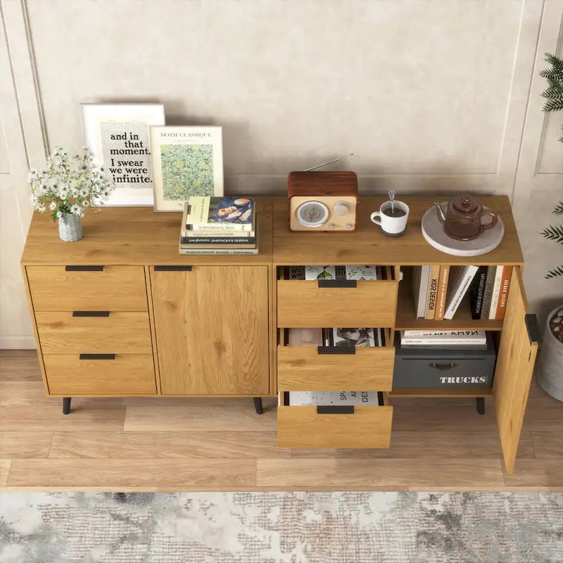 Credenza con 3 cassetti e ripiano regolabile, armadietto moderno con anta, mobile decorativo, colore legno naturale
