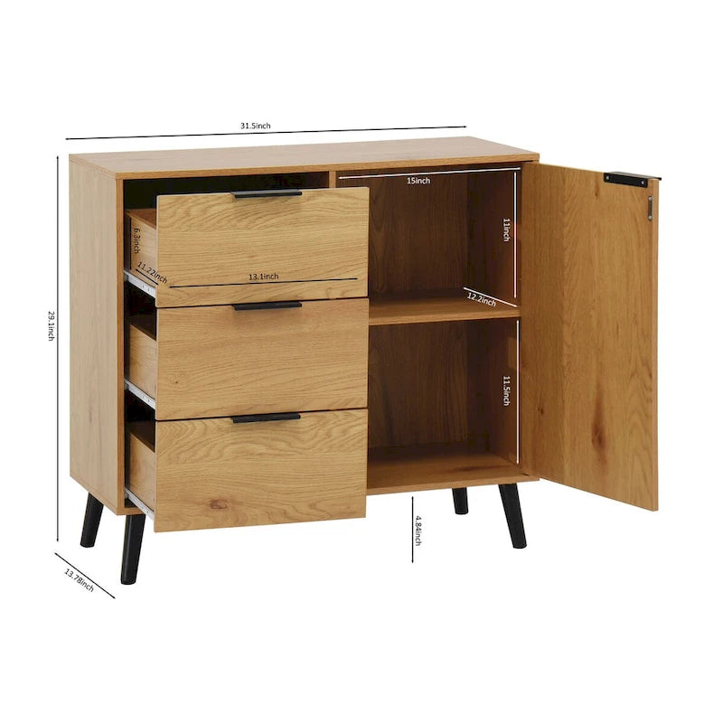 Credenza con 3 cassetti e ripiano regolabile, armadietto moderno con anta, mobile decorativo, colore legno naturale