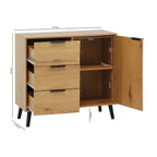 Credenza con 3 cassetti e ripiano regolabile, armadietto moderno con anta, mobile decorativo, colore legno naturale