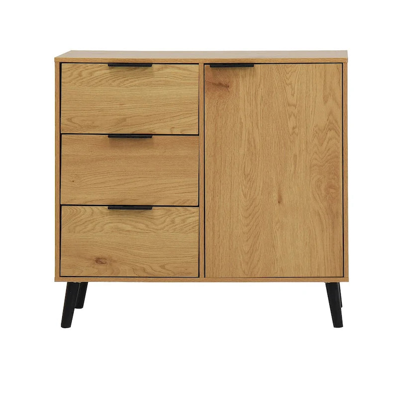 Credenza con 3 cassetti e ripiano regolabile, armadietto moderno con anta, mobile decorativo, colore legno naturale