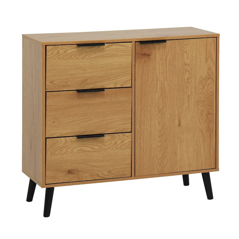 Credenza con 3 cassetti e ripiano regolabile, armadietto moderno con anta, mobile decorativo, colore legno naturale