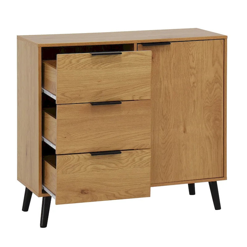 Credenza con 3 cassetti e ripiano regolabile, armadietto moderno con anta, mobile decorativo, colore legno naturale